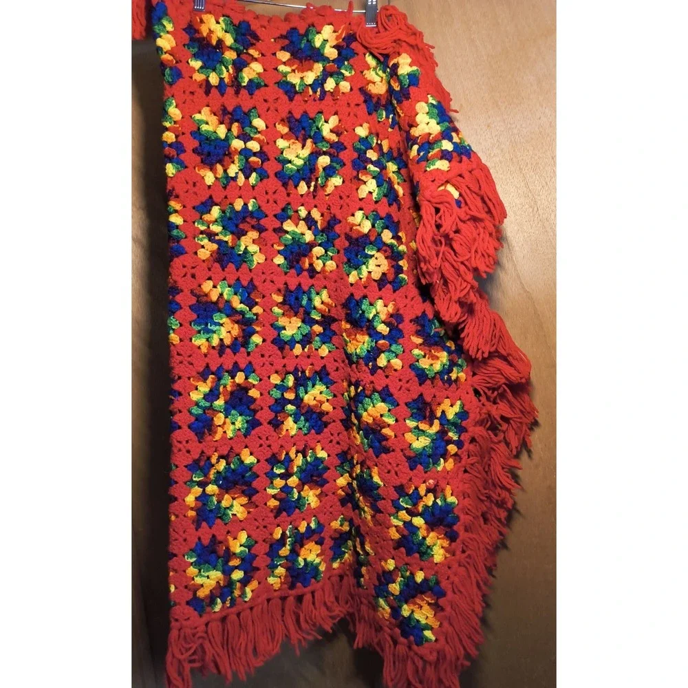 Handmade Granny Square Afghan Crochet Throw‎ Blanket Fringe 3x4 Red Yellow Green